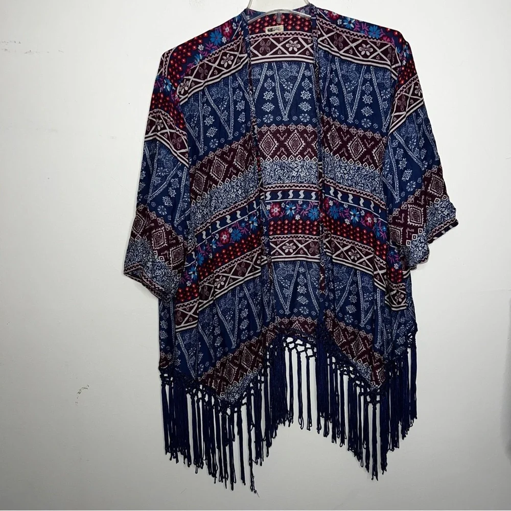 Hollister Kimono Swim Cover Up 100% Viscose Tasseled Navy Cream Maroon Small